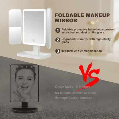 Foldable LED Makeup Mirror with 3 Light Modes, 2X/3X Magnification, Touch Dimmable, 360° Rotating Portable Vanity Mirror