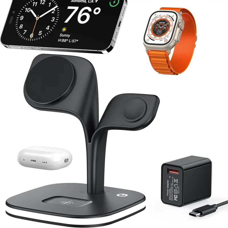 3-In-1 Foldable Magnetic Wireless Charger with Foldable Base - Smart Watch Charger, Phone Pad, Station Dock, Cool Gadgets, Night Light, for Iphone 17/16/15/14/13/12 Pro Max, Watch 11/10/9/8/7/SE, Airpods 4/3/2/Pro - Portable Stand for Home, Travel