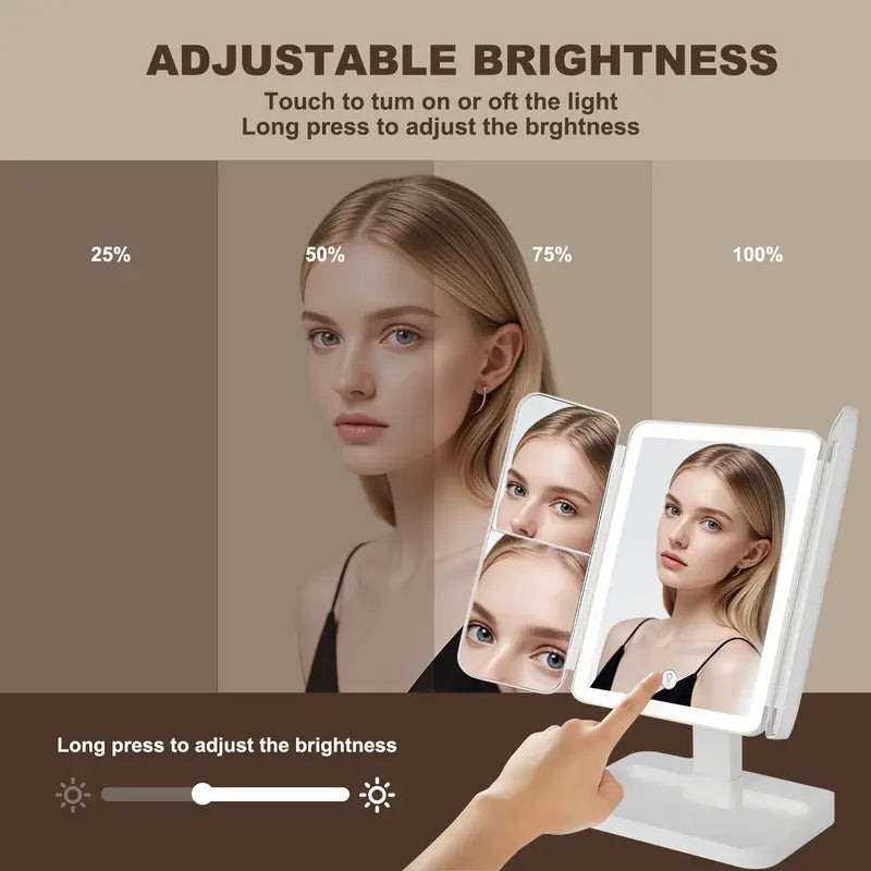 Foldable LED Makeup Mirror with 3 Light Modes, 2X/3X Magnification, Touch Dimmable, 360° Rotating Portable Vanity Mirror