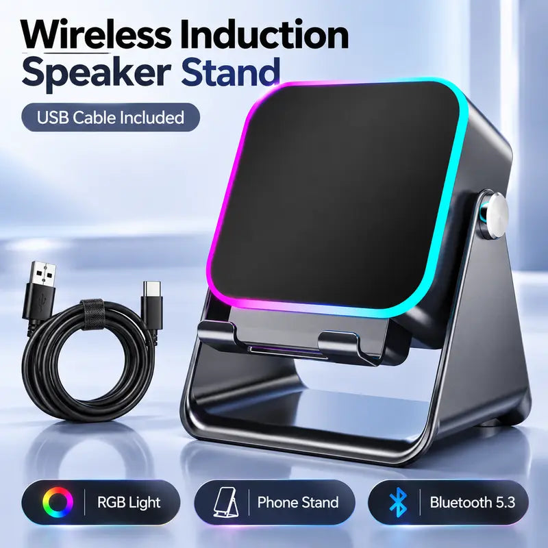 Wireless Induction Speaker Phone Stand with RGB Ambient Light, Adjustable Desktop Holder, Hands-Free Audio Amplifier for Home Office & Bedroom