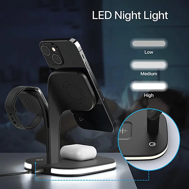 3-In-1 Foldable Magnetic Wireless Charger with Foldable Base - Smart Watch Charger, Phone Pad, Station Dock, Cool Gadgets, Night Light, for Iphone 17/16/15/14/13/12 Pro Max, Watch 11/10/9/8/7/SE, Airpods 4/3/2/Pro - Portable Stand for Home, Travel