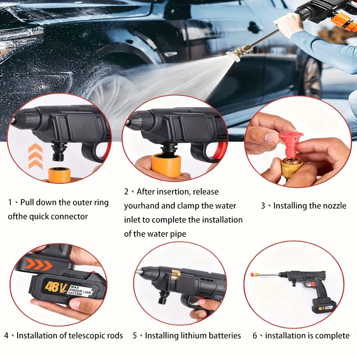 48V Heavy-Duty Cordless Pressure Washer with Foam Sprayer, 2 Rechargeable Batteries & 4 Interchangeable Nozzles for Cars, Patios & Garden