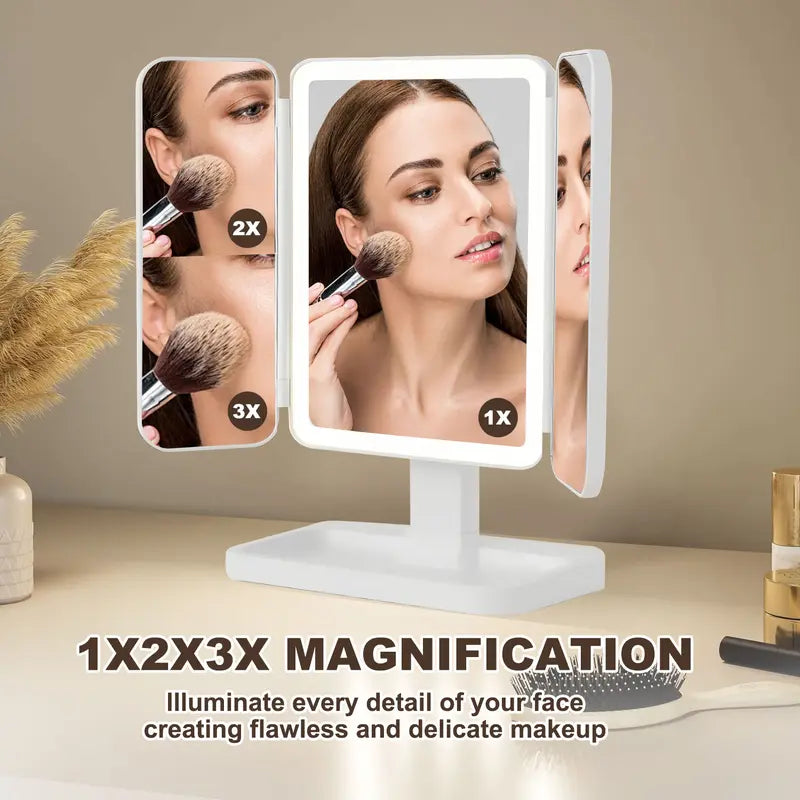 Foldable LED Makeup Mirror with 3 Light Modes, 2X/3X Magnification, Touch Dimmable, 360° Rotating Portable Vanity Mirror
