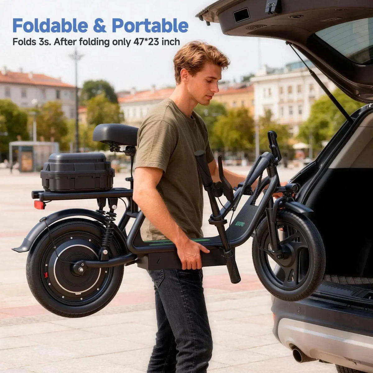 42V Dual Battery Foldable Electric Scooter with Seat, Rear Storage Box, 500W Peak Power, 22MPH Fast Speed, 21-27 Mi Range, 14" Anti-Slip Inflatable Tires, Dual Brake System, 51Lbs Lightweight, 265Lbs Max Load, Waterproof LED Headlamp