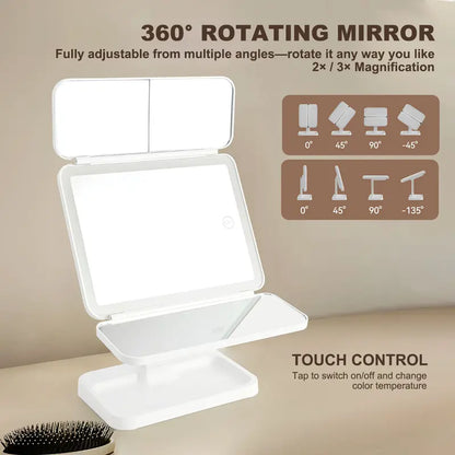 Foldable LED Makeup Mirror with 3 Light Modes, 2X/3X Magnification, Touch Dimmable, 360° Rotating Portable Vanity Mirror