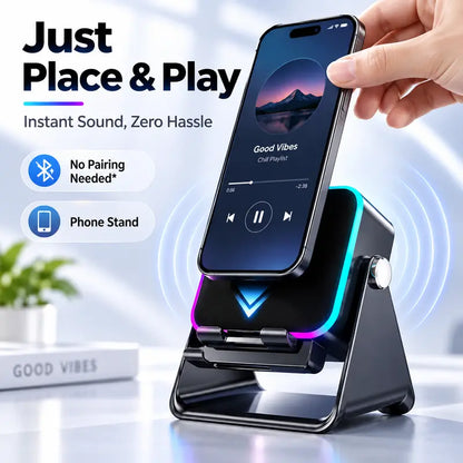 Wireless Induction Speaker Phone Stand with RGB Ambient Light, Adjustable Desktop Holder, Hands-Free Audio Amplifier for Home Office & Bedroom