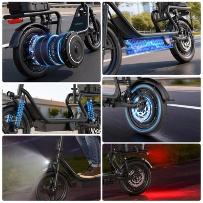 42V Dual Battery Foldable Electric Scooter with Seat, Rear Storage Box, 500W Peak Power, 22MPH Fast Speed, 21-27 Mi Range, 14" Anti-Slip Inflatable Tires, Dual Brake System, 51Lbs Lightweight, 265Lbs Max Load, Waterproof LED Headlamp
