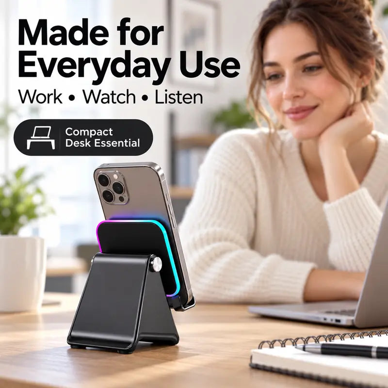 Wireless Induction Speaker Phone Stand with RGB Ambient Light, Adjustable Desktop Holder, Hands-Free Audio Amplifier for Home Office & Bedroom