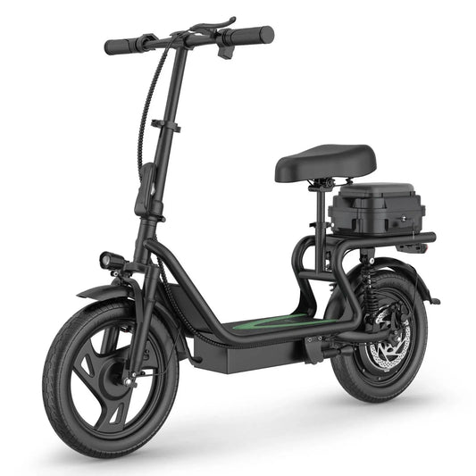 42V Dual Battery Foldable Electric Scooter with Seat, Rear Storage Box, 500W Peak Power, 22MPH Fast Speed, 21-27 Mi Range, 14" Anti-Slip Inflatable Tires, Dual Brake System, 51Lbs Lightweight, 265Lbs Max Load, Waterproof LED Headlamp