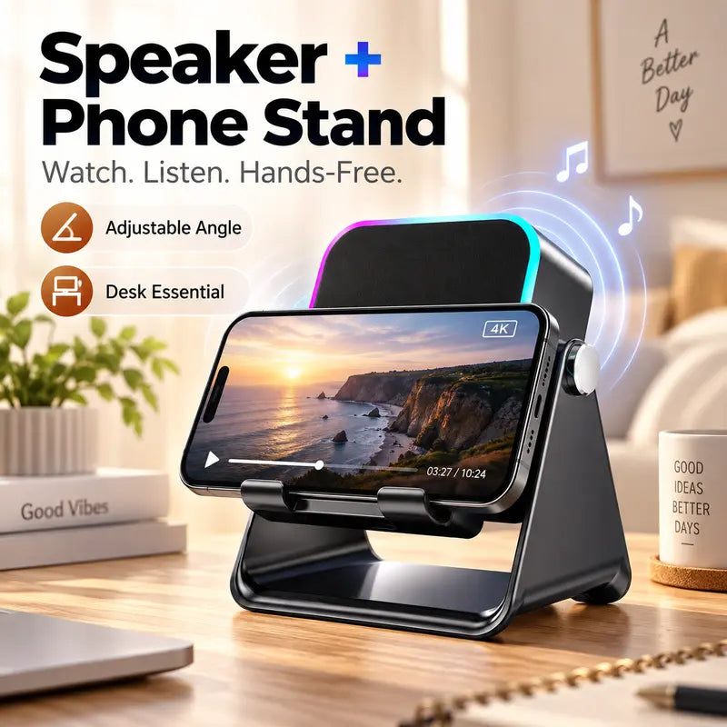 Wireless Induction Speaker Phone Stand with RGB Ambient Light, Adjustable Desktop Holder, Hands-Free Audio Amplifier for Home Office & Bedroom
