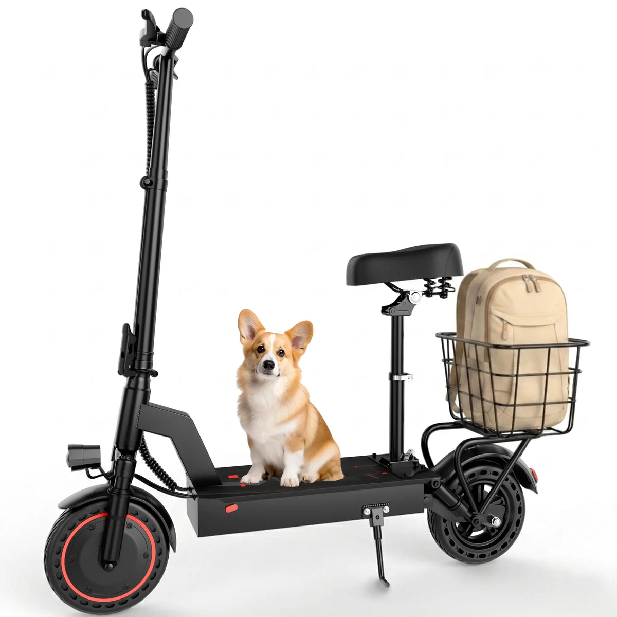 42V Dual Battery Foldable Electric Scooter with Seat, Rear Storage Box, 500W Peak Power, 22MPH Fast Speed, 21-27 Mi Range, 14" Anti-Slip Inflatable Tires, Dual Brake System, 51Lbs Lightweight, 265Lbs Max Load, Waterproof LED Headlamp