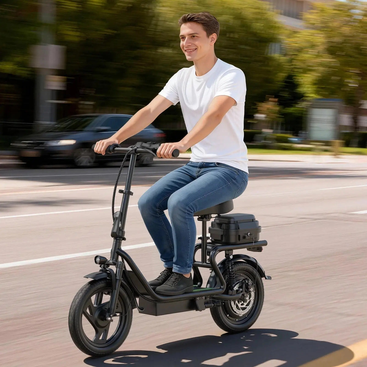 42V Dual Battery Foldable Electric Scooter with Seat, Rear Storage Box, 500W Peak Power, 22MPH Fast Speed, 21-27 Mi Range, 14" Anti-Slip Inflatable Tires, Dual Brake System, 51Lbs Lightweight, 265Lbs Max Load, Waterproof LED Headlamp