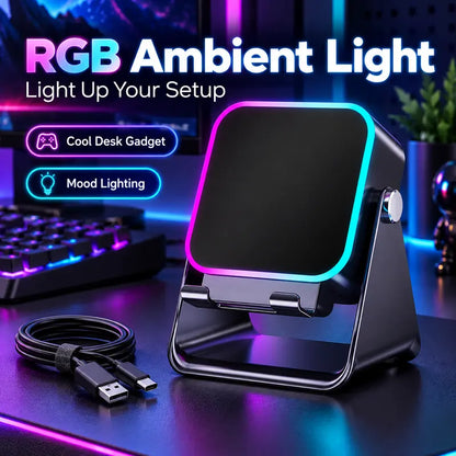 Wireless Induction Speaker Phone Stand with RGB Ambient Light, Adjustable Desktop Holder, Hands-Free Audio Amplifier for Home Office & Bedroom