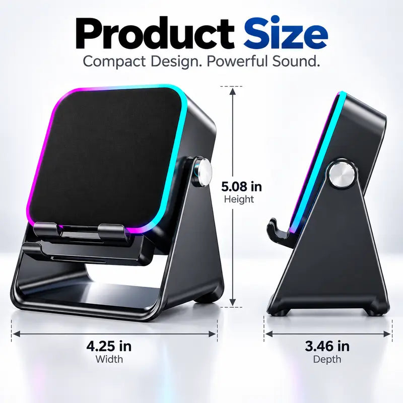 Wireless Induction Speaker Phone Stand with RGB Ambient Light, Adjustable Desktop Holder, Hands-Free Audio Amplifier for Home Office & Bedroom