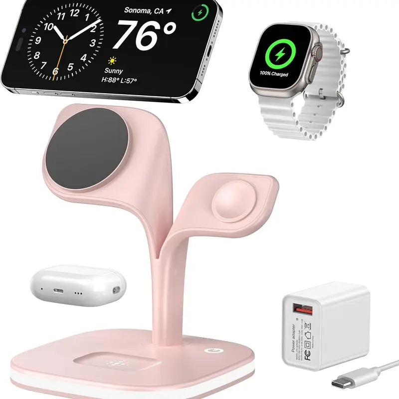 3-In-1 Foldable Magnetic Wireless Charger with Foldable Base - Smart Watch Charger, Phone Pad, Station Dock, Cool Gadgets, Night Light, for Iphone 17/16/15/14/13/12 Pro Max, Watch 11/10/9/8/7/SE, Airpods 4/3/2/Pro - Portable Stand for Home, Travel