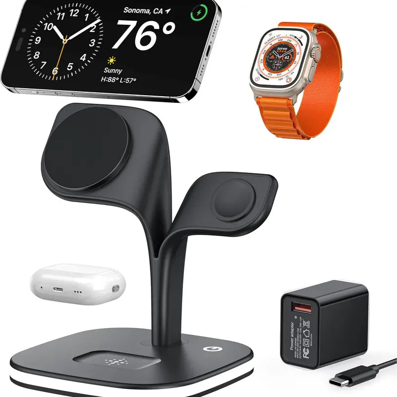 3-In-1 Foldable Magnetic Wireless Charger with Foldable Base - Smart Watch Charger, Phone Pad, Station Dock, Cool Gadgets, Night Light, for Iphone 17/16/15/14/13/12 Pro Max, Watch 11/10/9/8/7/SE, Airpods 4/3/2/Pro - Portable Stand for Home, Travel