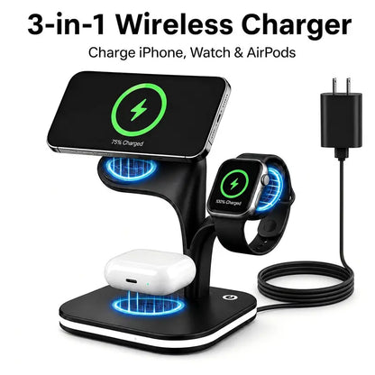 3-In-1 Foldable Magnetic Wireless Charger with Foldable Base - Smart Watch Charger, Phone Pad, Station Dock, Cool Gadgets, Night Light, for Iphone 17/16/15/14/13/12 Pro Max, Watch 11/10/9/8/7/SE, Airpods 4/3/2/Pro - Portable Stand for Home, Travel