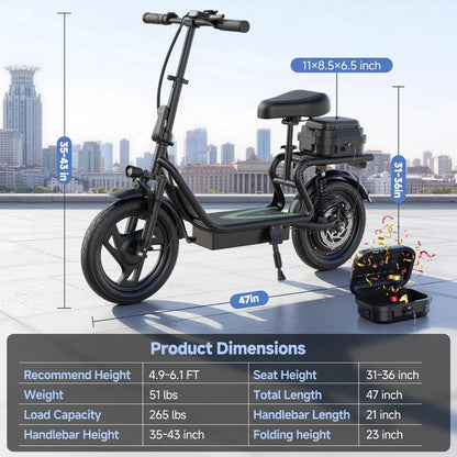 42V Dual Battery Foldable Electric Scooter with Seat, Rear Storage Box, 500W Peak Power, 22MPH Fast Speed, 21-27 Mi Range, 14" Anti-Slip Inflatable Tires, Dual Brake System, 51Lbs Lightweight, 265Lbs Max Load, Waterproof LED Headlamp